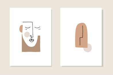 vector set of  artistic templates, invitations. illustrations of sleeping female portrait with closed eyes in minimal linear style. modern cubism art with abstract shapes. beauty and fashion concept.