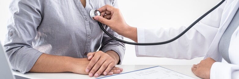 doctor using a stethoscope checking patient with examining, presenting results symptom and recommend treatment method, healthcare and medical concept.