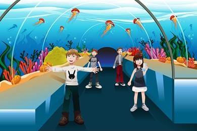 a vector illustration of kids looking at jellyfish in a big aquarium