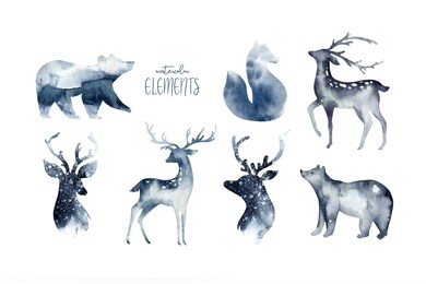 watercolor winter forest with deer head. christmas tree landscape with pine trees fir in the mountains. hand painted isolated on white background. snow holiday