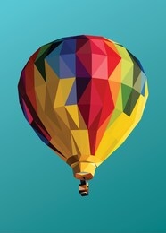 low poly art of a hot air balloon in high details. vector object triangle geometric illustration. abstract polygonal art. with blue color gradient background.