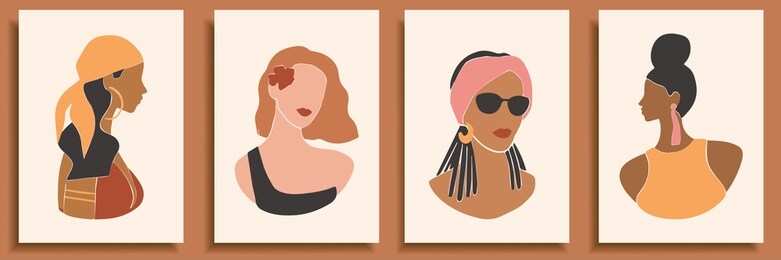 set of abstract female shapes and silhouettes on retro summer background. abstract women portraits in pastel colors. collection of contemporary art posters. fashion girls in swimsuits for social media