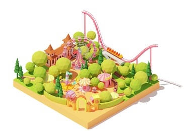 vector isometric amusement park map. theme park with ferris wheel, roller coaster, carousels, bumper cars, circus and other amusement rides. funfair illustration