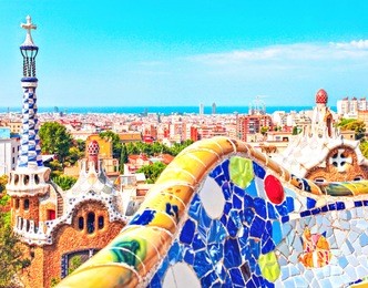 barcelona, spain - july 19: ceramic mosaic park guell on july 19, 2013 in barcelona, spain. park guell is the famous architectural town art designed by antoni gaudi and built in the years 1900 to 1914