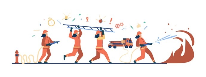 brave firefighters wearing uniform and helmets firefighting isolated flat vector illustration. cartoon firemen team watering fire. safety, rescue and emergency service concept