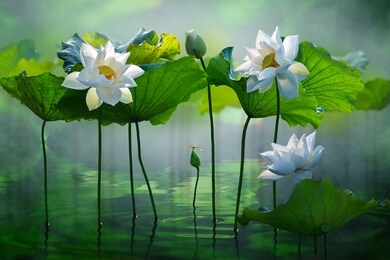 beautiful white lotus flower in the lake and lotus flower plants, pure white lotus flower.