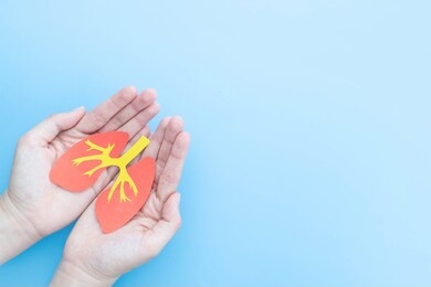 pulmonary disease treatment and lung transplant concept. human hands holding healthy lung shape made from paper on light blue background. copy space.