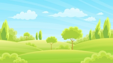 lush forests and grasslands with hills and sky in the background