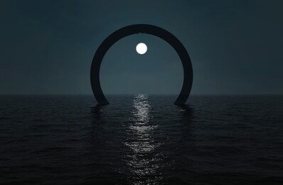 night sea landscape with surreal arch construcrion and moon. 3d rendering image