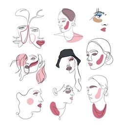 set of one line drawn woman portraits. continuous linear silhouette of female face. outline hand drawn of avatars girls. linear glamour logo in minimal style for beauty salon, makeup artist, stylist. 