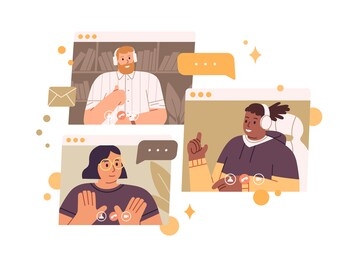 diverse team talking online meeting vector flat illustration. man and woman having corporate online discussion isolated. smiling people work remotely. concept of videoconference and web communication