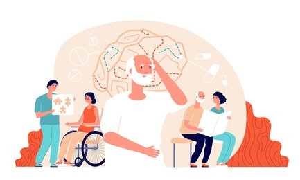 alzheimer disease. illness neurology therapy. elderly loss memory, brain treatment. senior patient medical rehabilitation vector concept