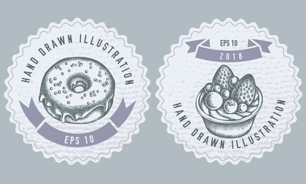 monochrome labels design with illustration of donut, tartlet