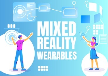 mixed reality wearables banner flat vector template. brochure, poster concept design with cartoon characters. futuristic augmented reality horizontal flyer, leaflet with place for text