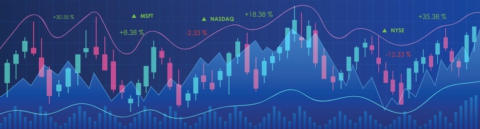 trend line candle stick ,stock chart in stock market on blue color background,forex trading graphic design concept. 