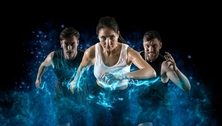 sport collage. man and woman on smoke background. sports banner. horizontal copy space background
