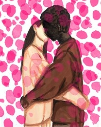 black guy white girl illustration. skin color does not matter. peace and love . gouache and oil pastel texture. kiss lovers. valentine’s day postcard . pink strokes paint 
