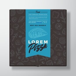 mussels seafood frozen pizza realistic cardboard box. abstract vector packaging design or label. modern typography, sketch seamless food pattern. black paper background layout. isolated.