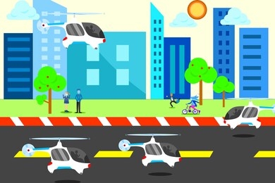 vector concept city future, people lifestyle working and transportation by drones. illustration technology world. human with smart technology in a live