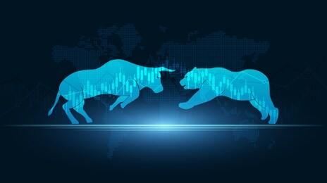 abstract financial chart with bulls and bear in stock market on blue color background