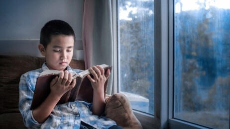 boy holding and reading bible on sofa in morning at home. children's beliefs of christian concept.