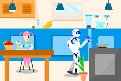 vector girl sitting on a table in the kitchen with a robot cooking. illustration coexistence between humans and robots. lifestyle future human and robot. 