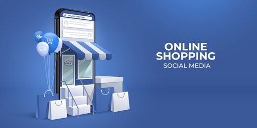 the concept of online shopping on social media app. 3d smartphone with shopping bag, chat message, delivery, 24 hours, and like icon. suitable for promotion of digital stores, web and ad. illustration