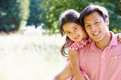 portrait of asian father and daughter in countryside