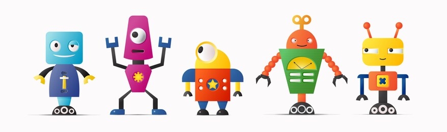 set of cute vector robot characters for kids. robotics and artificial intelligence in retro style illustration
