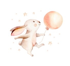 cute dreaming cartoon rabbit animal hand drawn watercolor bunny illustration. kids nursery wear fashion design, baby shower invitation card.
