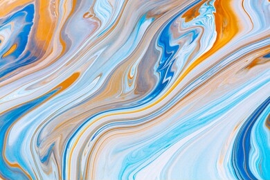 fluid art texture. background with abstract mixing paint effect. liquid acrylic picture that flows and splashes. mixed paints for interior poster. blue, orange and azure overflowing colors