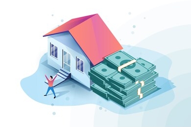 mortgage approved isometric illustration with house and bunch of money. happy man got mortgage.