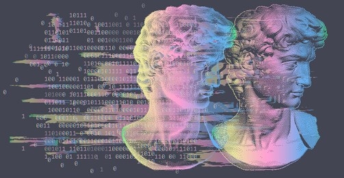 3d rendering of michelangelo's david head in pixel art 8-bit style with glitchy effect. concept of academic art and classical fine arts in modern contemporary stylization.