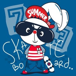 cute little skater rabbit wearing sunglasses with skateboard isolated on navy blue background illustration vector, t-shirt design for kids. 