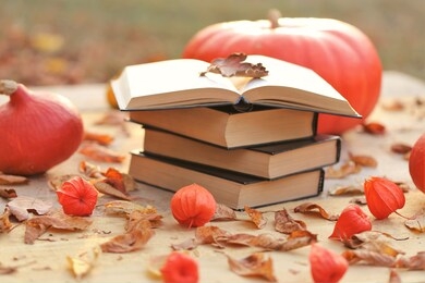 autumn books.nanowrimo writing  marathon.autumn reading. a stack of books and red hokkaido pumpkins, physalis and autumn leaves on a blurred garden background. autumn  mood.fall time