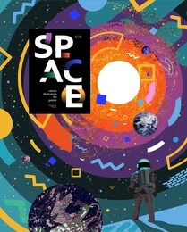space and astronaut banner template. vector illustration of cosmonaut stands on surface, planets, solar system, abstract bright design of the galaxy universe. drawings for poster, banner or postcard