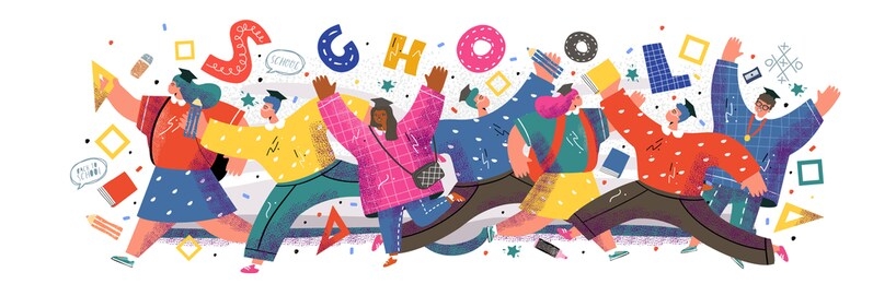 back to school, college or university. vector illustration of schoolchildren and students running to study and education for a poster, cover or banner. drawing teenagers for the background
