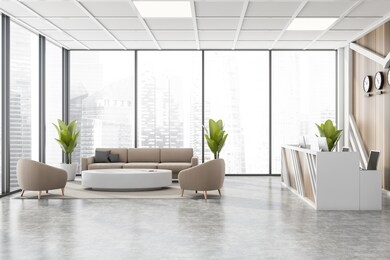 interior of stylish office waiting room with white and wooden walls, concrete floor, comfortable reception desk and blurry cityscape. clocks showing world time, beige sofa and armchairs. 3d rendering