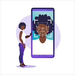 face id, face recognition system. facial biometric identification system scanning on smartphone. facial recognition system concept. mobile app for face recognition. vector illustration.
