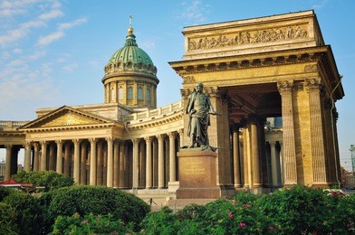 cathedral of our lady of kazan, russian orthodox church with kutuzov statue in saint petersburg, russia