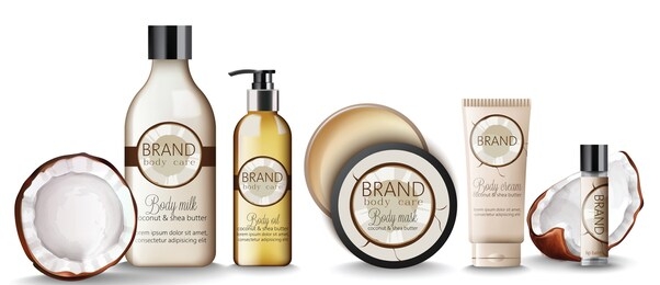 set of coconut body care products with creams, shampoo bottles, milk, mask and lip balm. vector
