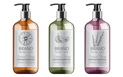 bottles set of organic shampoo with herbal care. various plants and colors. mint, orange and lavender. place for text. vector