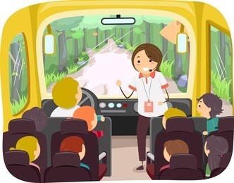 illustration of kids on a tour bus listening to their tour guide