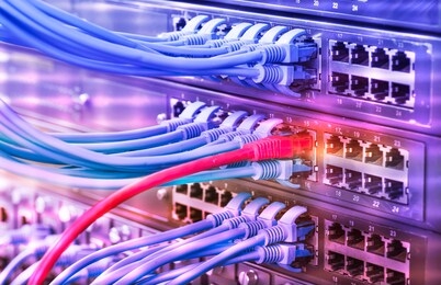 server rack with blue and red internet patch cord cables connected to black patch panel in data server room