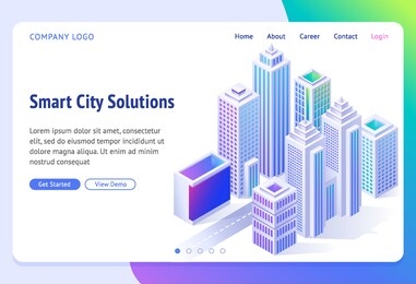 smart city solutions banner. isometric futuristic town with skyscrapers, buildings and road. vector landing page for company website, innovation in urban infrastructure