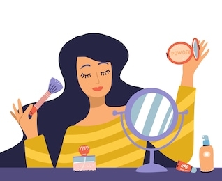 beautiful young woman character doing make up. table with makeup, cosmetics and wound mirror. girl holding brush and powder. vector flat cartoon illustration in trendy style.