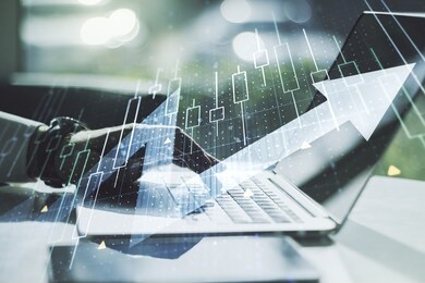 double exposure of abstract creative financial diagram with upward arrow and hands typing on computer keyboard on background, growth and development concept
