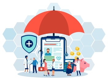 vector of senior and young people covered by health insurance being assisted by medical staff 