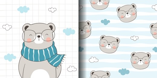 draw vector illustration greeting card and print pattern of cute bear for fabric textiles kids.doodle cartoon style.