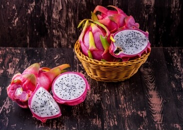 dragon fruit from thailand asia on wooden background